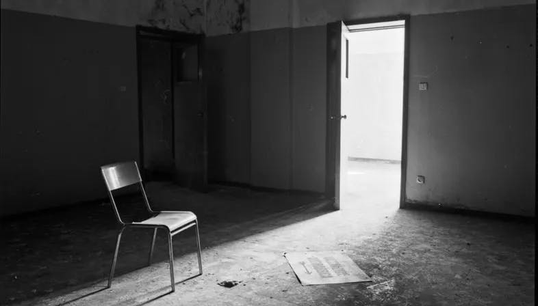 Empty derelict room with a single chair